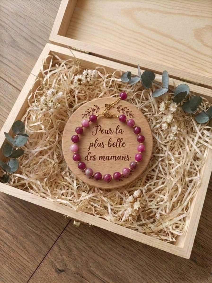 Coffret Cadeau Bijou "Maman" - Bracelet en Pierres Naturelles & Écrin en Bois Gravé