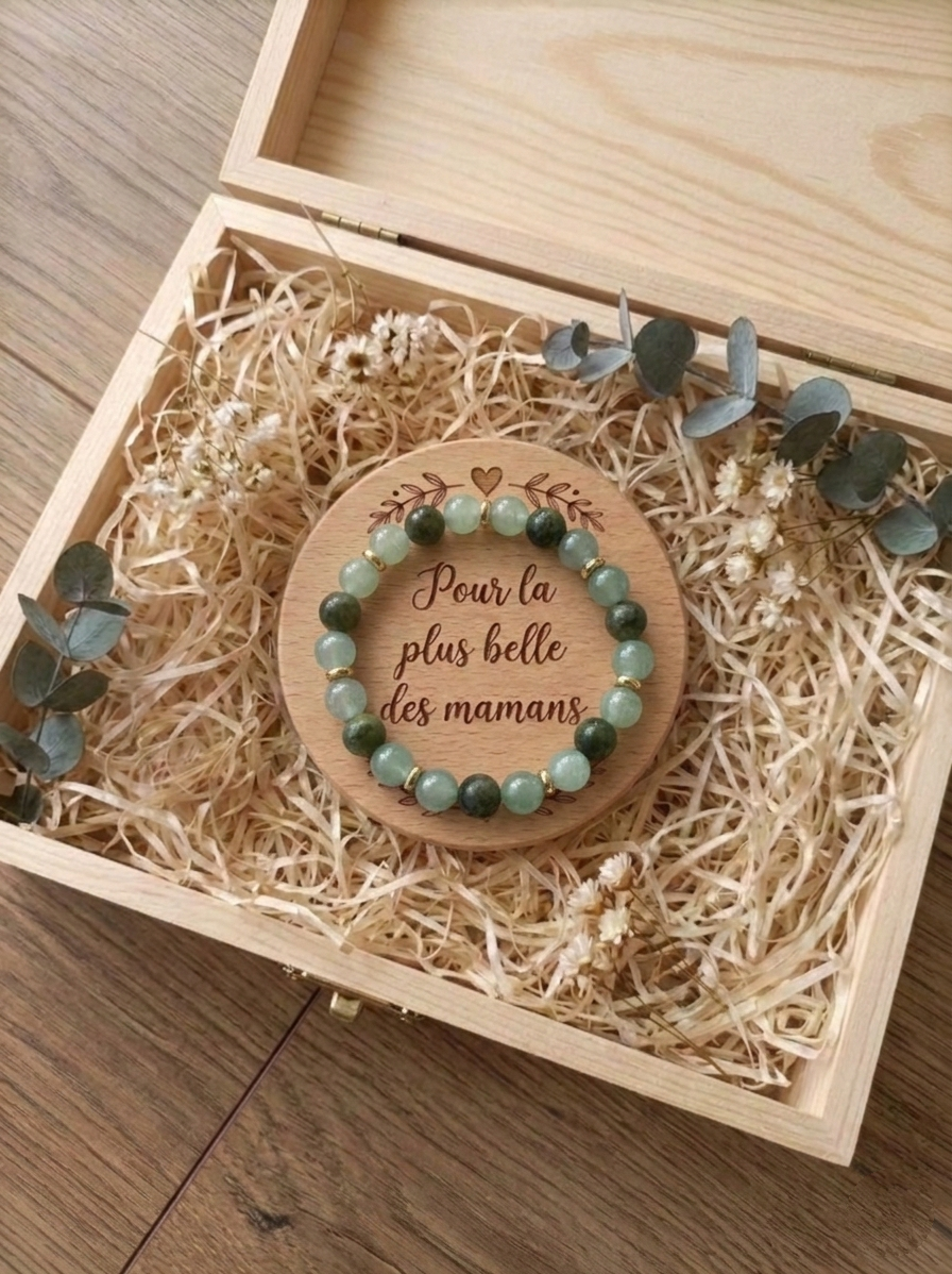 Coffret Cadeau Bijou "Maman" - Bracelet en Pierres Naturelles & Écrin en Bois Gravé