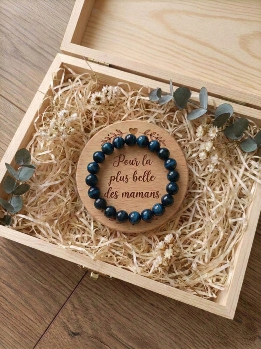 Coffret Cadeau Bijou "Maman" - Bracelet en Pierres Naturelles & Écrin en Bois Gravé