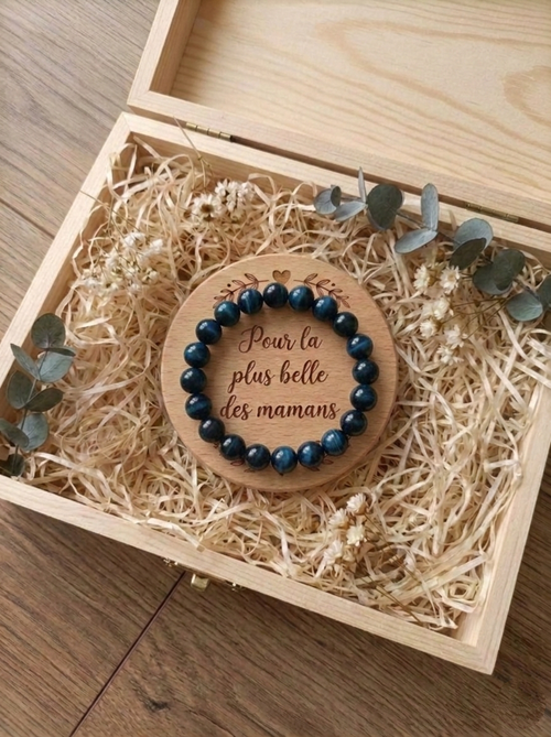 Coffret Cadeau Bijou "Maman" - Bracelet en Pierres Naturelles & Écrin en Bois Gravé