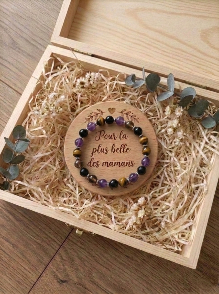 Coffret Cadeau Bijou "Maman" - Bracelet en Pierres Naturelles & Écrin en Bois Gravé